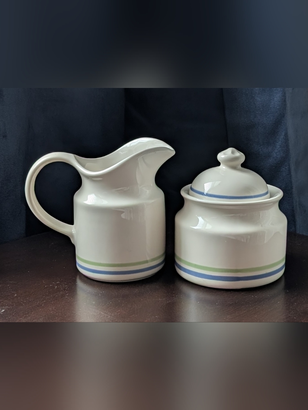 Pfaltzgraff Cloverhill Stripe Cream Pitcher & Sugar Jar with Lid Blue and Green